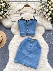 Two Piece Dress SINGREINY Fashion Strtwear Suits Strapless Strap Single Breasted Camis+Button Zipper Slim Skirt Vintage Denim Two Pieces Suit Y240508