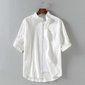 2024 Summer Stand Up Collar Cotton Linen Mid Hleeved Shirt Trendy Men's Linen Loose 7/4 Sleeve Large Solid Shirt Men's