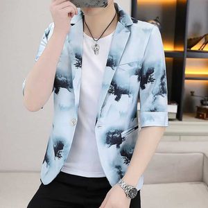 Men's Suits Blazers Fashion 2024 Summer Mens Wear and Pioneer Ultra Thin Top Casual Half Sleeve Jacket Hip Hop Street Clothing Single Button Coat Q240507