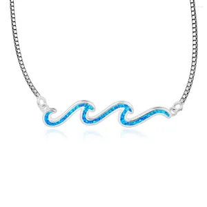 Kedjor Summer Ocean Blue Opal Wave Fixed Pendant Charm Necklace Beach Jewelry