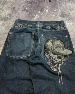 Men's Jeans Skull Geometric Pattern Embroidery Design High Waisted For Women Y2k Hip Hop Street Vintage American Wide Leg Baggy Pants