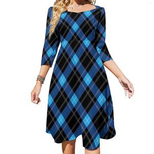 Casual Dresses Blue Plaid Dress Women Classic Lines Print Estetic Söt med Bow Summer Overdimensionerad Vestido