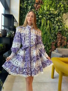 Casual Dresses Boho Inspired Purple Dress Long Sleeve Hollow Out Stand Collar Belted Kne Length Summer Fashion Party