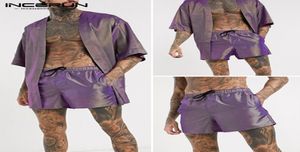 Incerun Fody Men Pyjamas Sets offener Stich halbe Ärmel Cardigan Draw String Shorts Homewear Herren Sets Chic Shiny Nightwear Anzug T1381505
