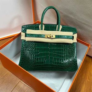 Handbag Platinum 2024 Crocodile Pinero American Bay Crocodile Bag Large Capacity Women's Bag Ink Green Bag Handmade Genuine Leather