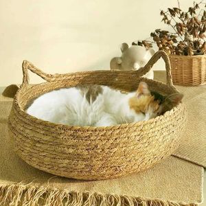 Cat Beds Furniture Rattan Cat Nest Four Seasons Pet Bed Natural Plant Woven Dog Mat Winter Warmth Mat Pet Accessories Cat Scraper Rod d240508