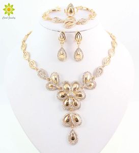 Fashion Crystal Flower Necklace Earrings For Women 18k Gold Plated African Costume Jewelry Sets5097245
