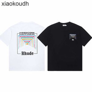 ファッションマイクロロゴレインボースクエアサークルプリント男性と女性用の半袖Tシャツのrhudeハイエンドデザイナー服ハイストリートルーズハーフスリーブ1：1ロゴ