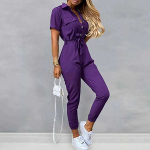 Jumpsuits für Frauen Rompers Lady Jumpsuit Gürtness Revers Short Sle Women Jumpsuit Button Down Elastic Bein Öffnen bequemer Sommer Casual Jumpsuit D240507