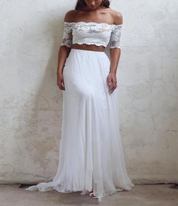 Fashion Boho Beach 2 Pieces Wedding Dresses Gown Off the shoulder Lace Top Chiffon Summer Designer Vestiod De Bridal Gowns4623132