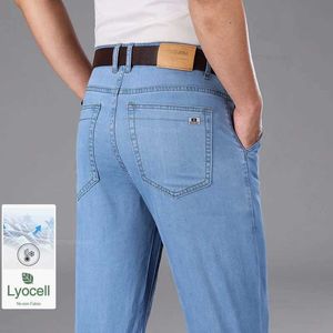 Jeans maschile 2024 Summer Ultra-tin Mens Jeans Lyocell Ice Drape Business Drive Casual Denim pantaloni fumatori grigi alti pantaloni in vita Y240507
