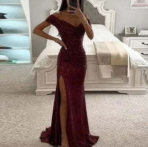 Elegant Off the Shoulder Sequined Mermaid Bridesmaid Dresses With Side Slit Elegnat Maid of Honor Wedding Guest Evening Prom Gowns BC18214