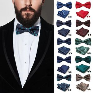 Bow Ties Mens Tie seti hi-tie klasik siyah kelebek önceden bağlı cep kare kol düğmeleri floral altın bowties takım elbise