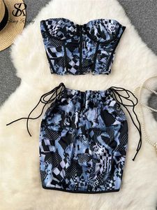 Dwuczęściowa sukienka Singreiny Summer wakacje dwa kawałki zestawy bezprzezgólne krótkie top+sznurka bodycon spódnice strtwear hotswt garnitury y240508