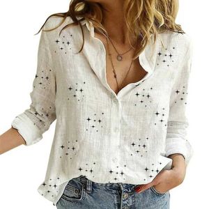 Women's T-Shirt Elegant cotton linen shirt womens casual printed button up collar shirt summer long sleeves loose topL2405