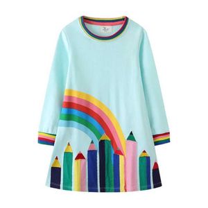 Vestidos de menina pulando medidores de caneta colorida Appliques Girls Vestres para escola Autumn Spring Childrens Roupas Preppy Kids Costumel2405