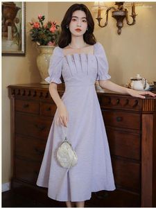 Party Dresses Pearl Pleated Chic Square Neck Vintage For Women Purple Gentle Romantic Dress Summer Female French Style Elegant Vestido
