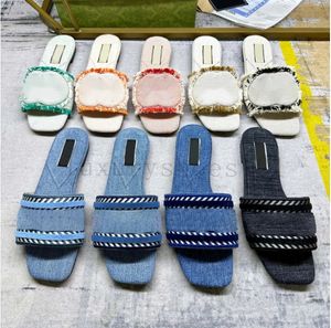 Designer tofflor kvinnor sandaler denim sandaler broderade randiga tofflor sammanlåsande lyx strandskor utomhus sommaren platt flip flops