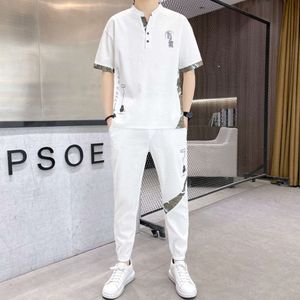 Summer Linen Set For Men 2024 New Summer Leisure Sports Set Short Sleeved Cotton Linen Clothes For Men's Two Piece Set