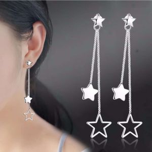 Stud Earrings Silver Color Long Tassel Double Star Gothic For Women Accessories Love Gift Brincos Bijoux 5Y461