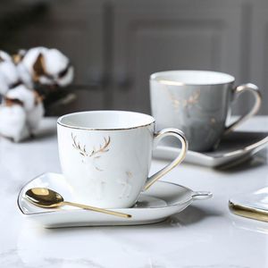 Nordic Elk Golden Edge Coffee Mug With Leaf Shape Trespoon Set Cafe Hushåll Tumbler Cappuccino Espresso Cup Holder 319m