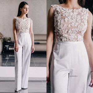 2020 New Arrival Jumpsuit Evening Pants Sleeveless Jewel Neck Tulle Satin Formal Pant Floor Length Zipper Applique Party Gowns 0508