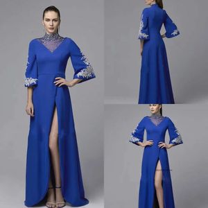 2020 Modest High Neck Half Sleeve Front Split A Line Evening spetspetspedaled paljetter Crystal Formal Dresses Sweep Train Party klänningar 0508