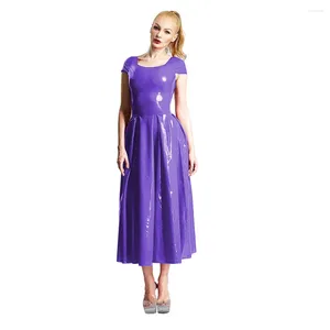 Casual Dresses Shiny PVC Short Sleeve Midi Ball Gown Cocktail Party Scoop Neck Long Flared Dress Office Lady Pleated Club Princesse