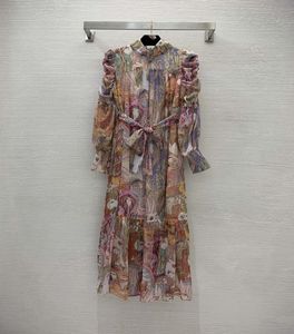 Street Style Dresses High end custom beautiful girl animal flower printed Lantern Sleeve stand collar dress1930195