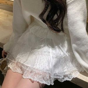 Signe Kawaiis Cute Women Mini Gonna Teenage Fairy Princess Short White Sheer Lace Summer Clothing Q240507