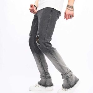 Herr jeans mode gradient färg män höga strt hål smala stretch jeans man rippade nödställda mikro blossade denim byxor mens byxor y240507