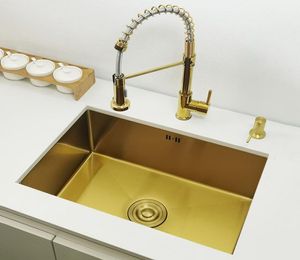 Gold Kitchen Sink 304 rostfritt stål handfat över räknare eller undermonterad installation en enda bassäng bar sjunka gyllene tvättbassäng8158430