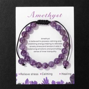 Natural Stone Amethysts Bracelet with Card 8mm Pink Quartz Fluorite Beads Adjustable for Women Men Couple Jewelry 240423