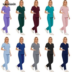 Scrubs uniformes Mulheres enfermam uniformes finos de eliminação respirável Tops elástico Scrubs calças Doutor Workwearwear macacão 240504