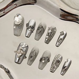 Lustra srebrne paznokcie czarny francuski paznokcie chłodny dekoracje łańcucha kwiatów