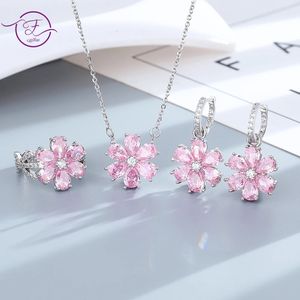 925 Sterling Silber Ehering Women Women Pink Flower Armbänder Ohrringe Halskette Ringe Mode Schmucksets 240507