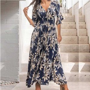 Casual Dresses Designer Dress 2024 Summer New Women's Hepburn V-Neck tryckt midjepackning klänning plus storleksklänningar