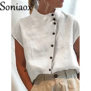 Elegante camicia da cucina in lino in cotone femmina 2023 Summer Simple Stiple Single Blouse Cash Slieve Casual Cascone 240507