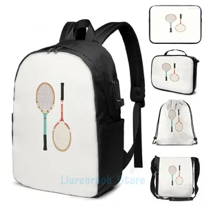 Backpack Funny Graphic Print Vintage Tennis Rackets USB Charge Men Bags Escola Laptop de Viagem para Viagem