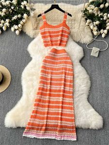 Two Piece Dress SINGREINY Korean Style Gentle Two Pieces Sets Strap Short Camis+Bodycon Slim Long Skirt 2024 Senior Fashion Striped Knitted Suit Y240508