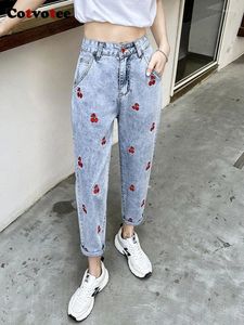 Kvinnors jeans yitimoky cherry broderi harem byxor för flicka söt hög midja kvinnor blyerts streetwear casual denim byxor koreanska