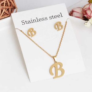 Earrings Necklace Charm Stainless Steel 26 Letter Initial Pendant Necklace Womens Chain Stud Earpiece Set Name Letter Necklace J240508