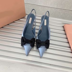 24New Single Shoes Women's Flash Diamond Bow Middle Baotou Sandals Shallow Mouth Spring/Summer Pointed Little Cat Heel Back Air