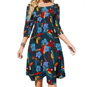 Casual Dresses Birds Flower Dress Female Tropical Toucans and Papegoots Street Fashion Elegant With Bow Summer Clothes
