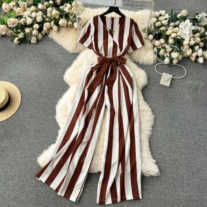 Women's Jumpsuits Rompers Gentle Women Jumpsuit Stripe V Neck Sleless 2024 Lace Up Bow High Street Korean Style Summer Long Senior Rompers d240507