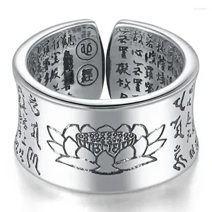Cluster Rings 999 Silver Ring Men Buddhist Heart Sutra Signet Vintage Opening Adjustable Female Women Sterling Jewelry
