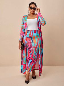Two Piece Dress LW Abstract Ripple Print Two-Piece Set Open Front Long Length Cardigan Off Shoulder Tube Dress 2PCS Outfits Y240508
