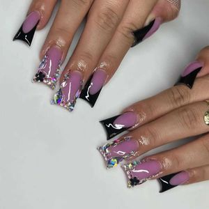 False unhas 24pcs Pato em forma de pato unhas falsas com design de cristal glitter preto francês unhas falsas pregos na unha Dicas quadradas