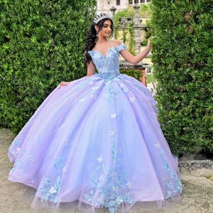 Блеск блестящего сияльного голубых от плеча Quinceanera Платье для шарикового платья аппликация кружевное лук Корсет Сладкий 16 vestidos de XV 15 Anos