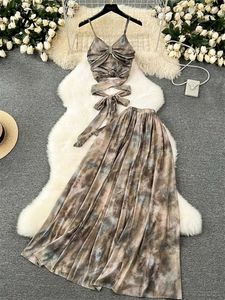 Two Piece Dress SINGREINY Senior Tie Dye Suits Hollow Bandage Camis Tops+High Waist A-Line Long Skirt Women Fashion Vintage Two Pieces Sets Y240508